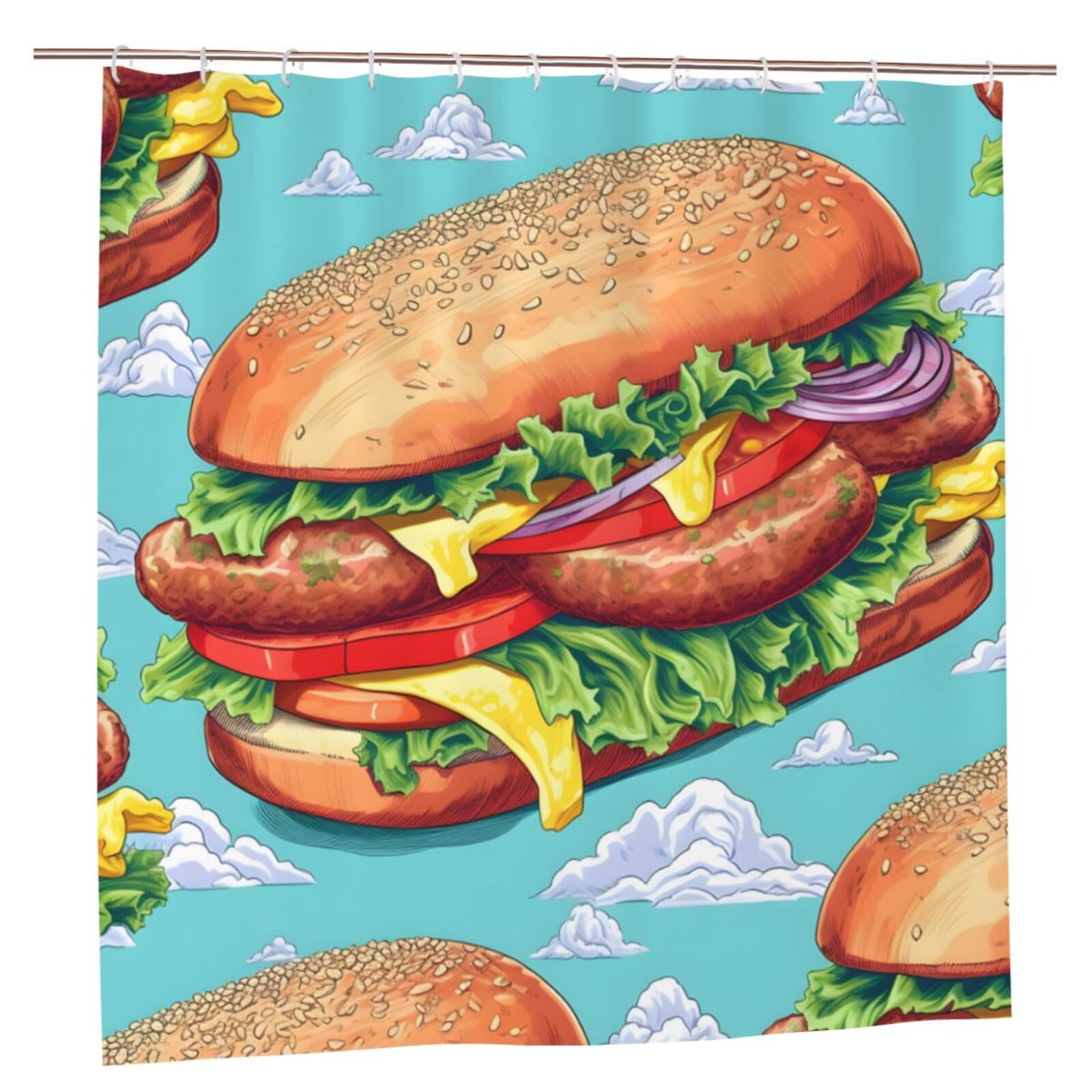 Rideau de douche imprimé hamburger avec crochets 183x183cm imperméable