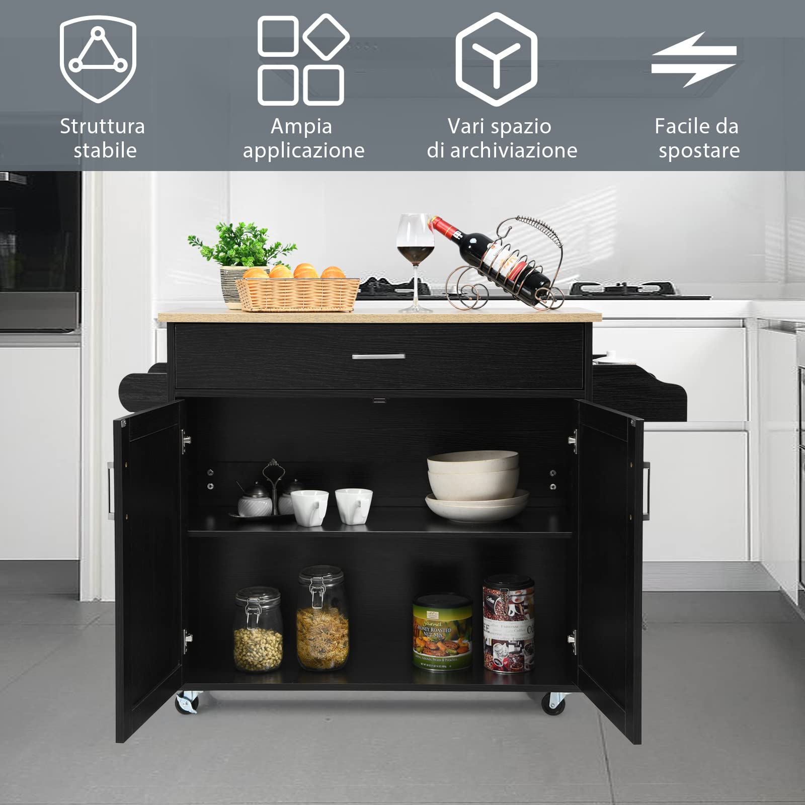 COSTWAY Carrello da Cucina con Ruote di Gomma, Scaffale per Microonde Carrello Servizio, Mobile Cucina con Ripiani e Ante, Credenza Cucina Legno Moderno Elegante, 116 x 37 x 85 cm (Nero)