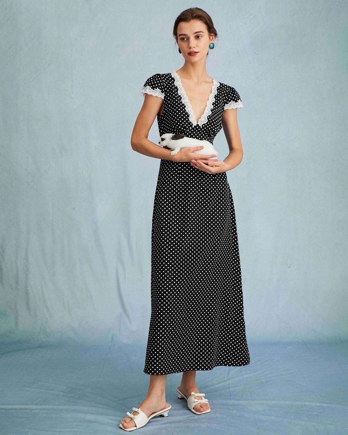 Women Summer Dresses Deep V Neck Polka Dot Prined Splice Lace Dress Elegant Cotton for Party - Image 6