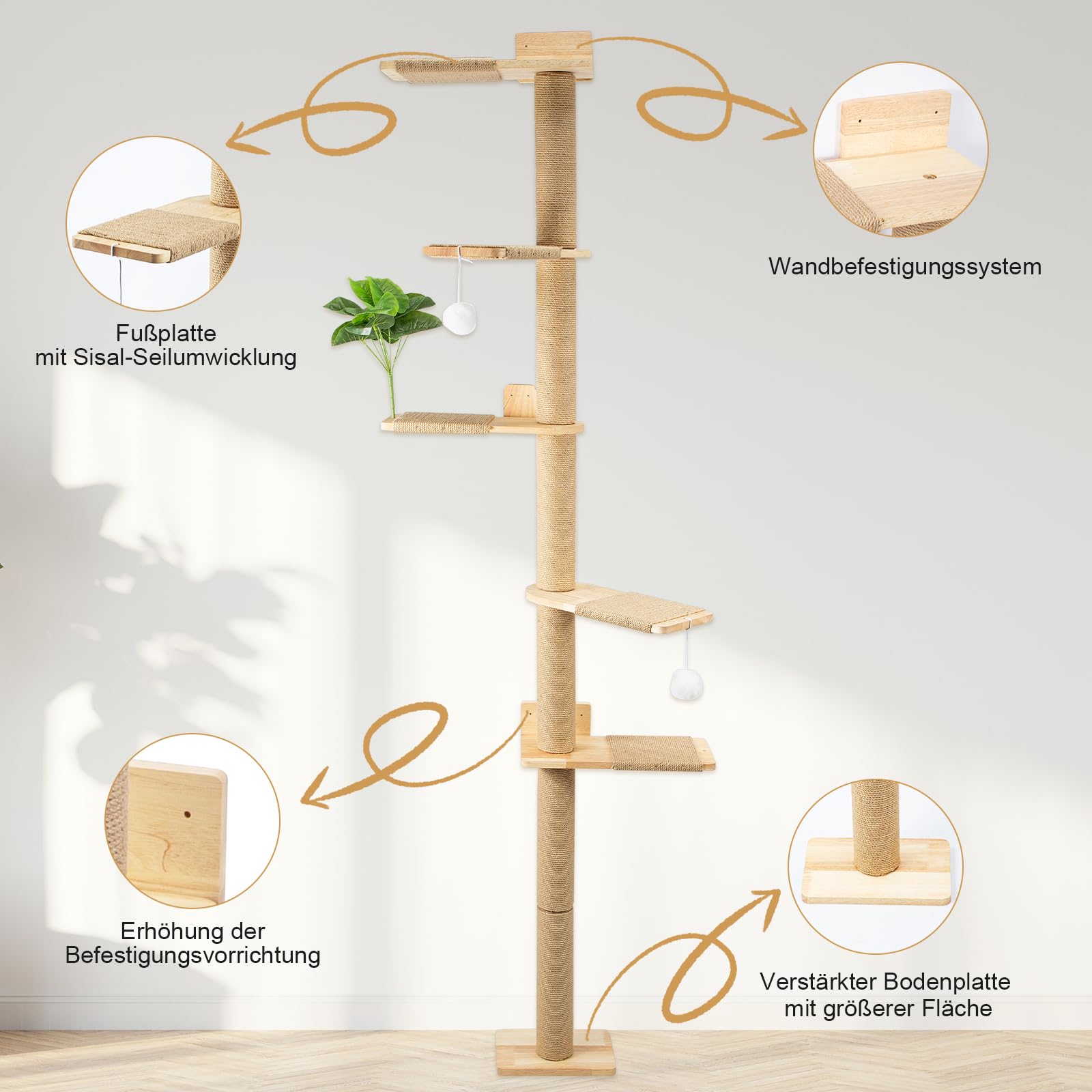 Youyijia Katzenkratzbaum 206cm aus Naturkautschukholz, 5 Etagen Wandmontierter Katzenbaum mit Verbreiterter Basis, Plüschbällen, 360° Drehbar, XXL Kletterbaum für Katzen zum Klettern, Kratzen