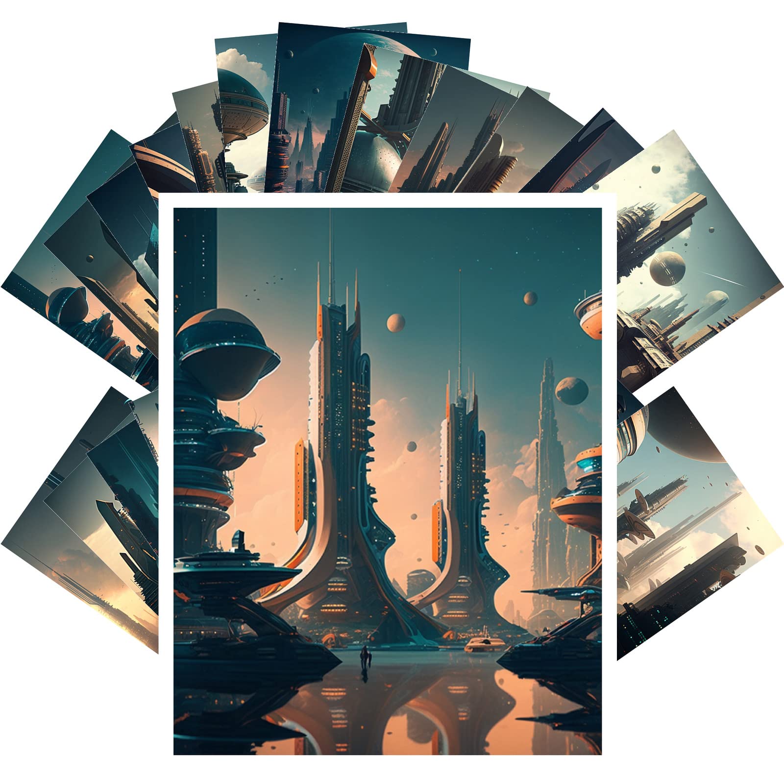 PIXILUV Vintage Postcards (24 pcs 4"x6" each) Futuristic Town Vintage Retrofuturism Book Illustrations Reprint
