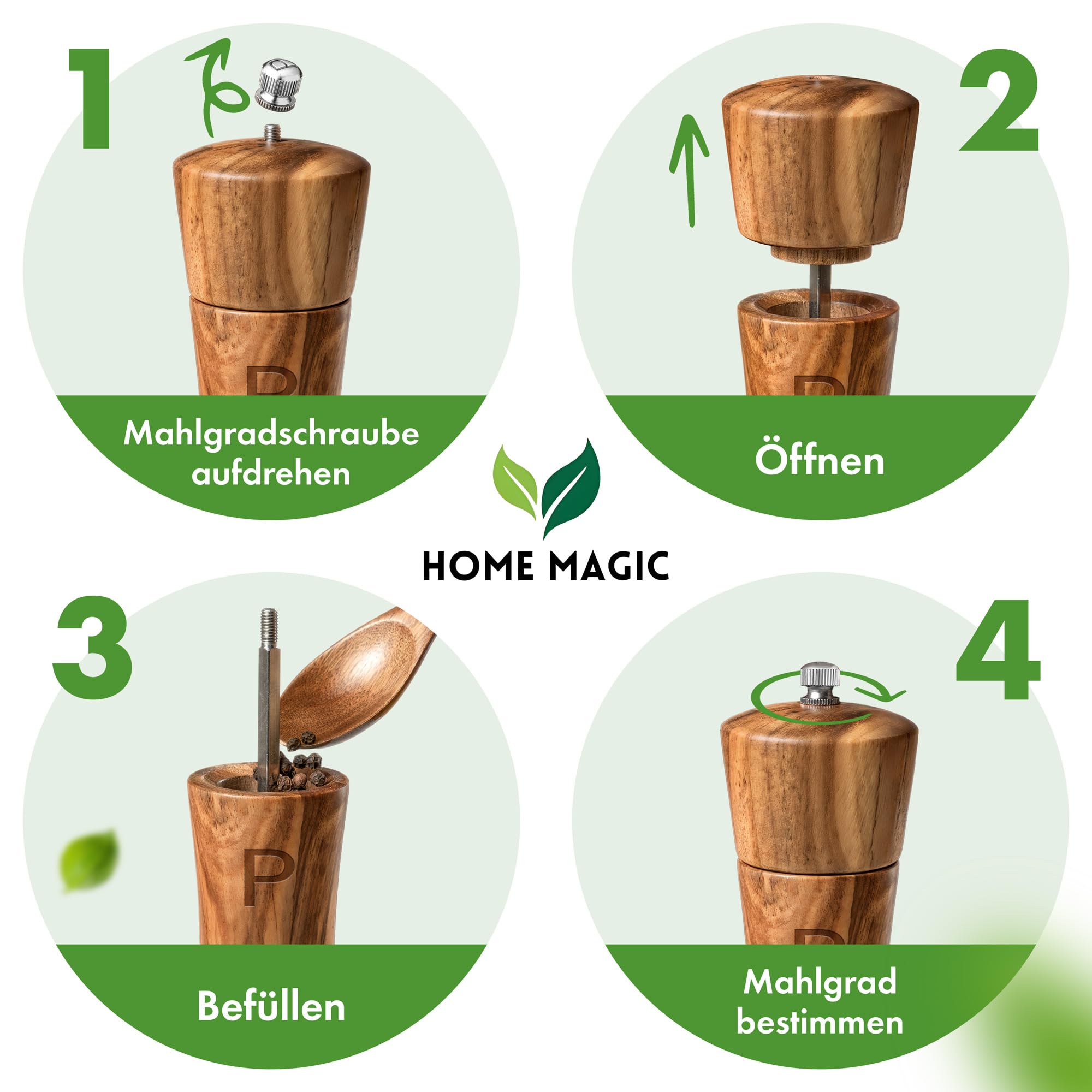 Pfeffermühle Holz – Premium Salz und Pfeffermühle 2er Set aus Akazienholz mit Untersetzer | Hochwertiges Keramikmahlwerk