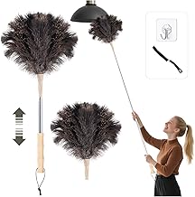 Feather Duster, Lavable, Extensible Jusqu’à 115 cm pour Plafonds & Surfaces Délicates, Dépoussiérage sans Rayures, Manche en Bois, avec Tête Interchangeable, Crochet & Brosse à Fentes