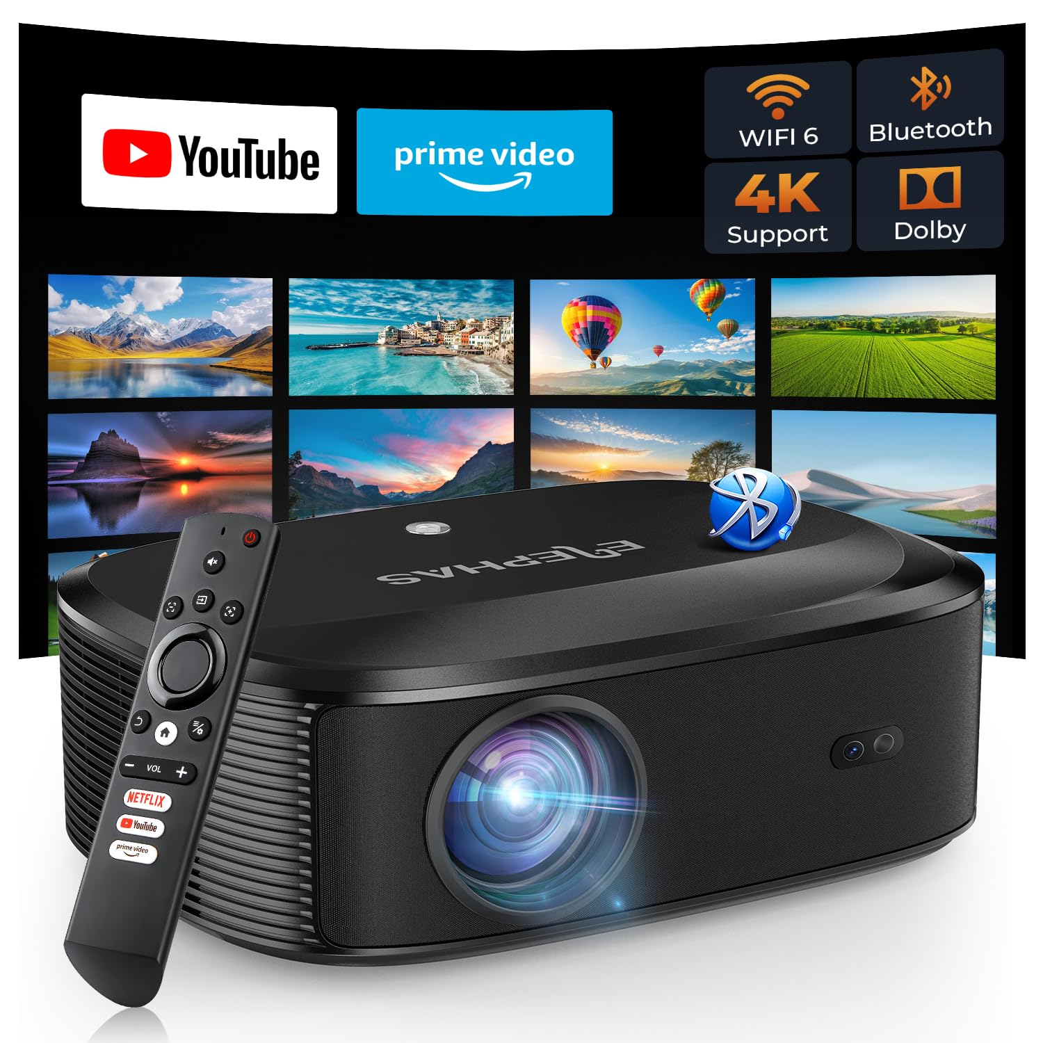 4K Projector with Wifi and Bluetooth, ELEPHAS Outdoor Movie Projector with NETFLIX/Prime Video/YouTube Built-in, 100,000+ Apps Supported, Video Projector Compatible with HDMI/USB/iOS/Android/Windows
