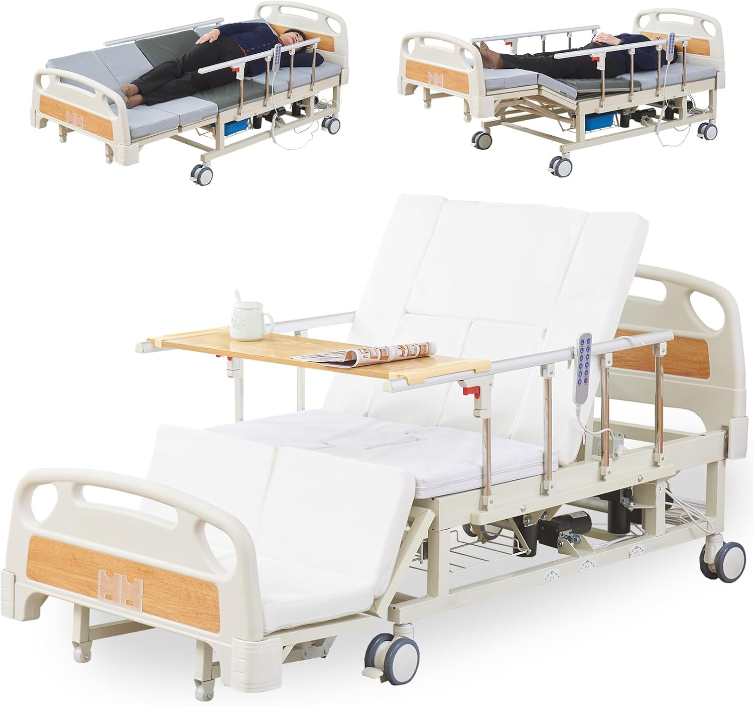 Premium 10-Function Electric Hospital Bed for Home Use, ICU Medical Bed with Lateral Tilting, One-Button CPR Flat, 5" Locking Casters, Foam Mattress, IV Pole, Dining Table, 550 lbs Capacity, 83" x 38"