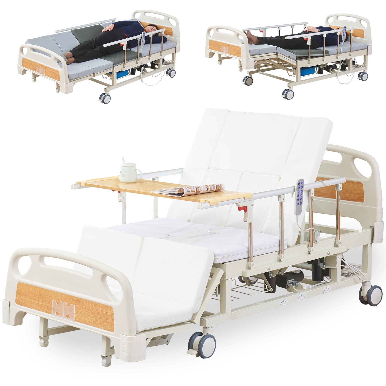 Premium 10-Function Electric Hospital Bed for Home Use, ICU Medical Bed with Lateral Tilting, One-Button CPR Flat, 5" Locking Casters, Foam Mattress,