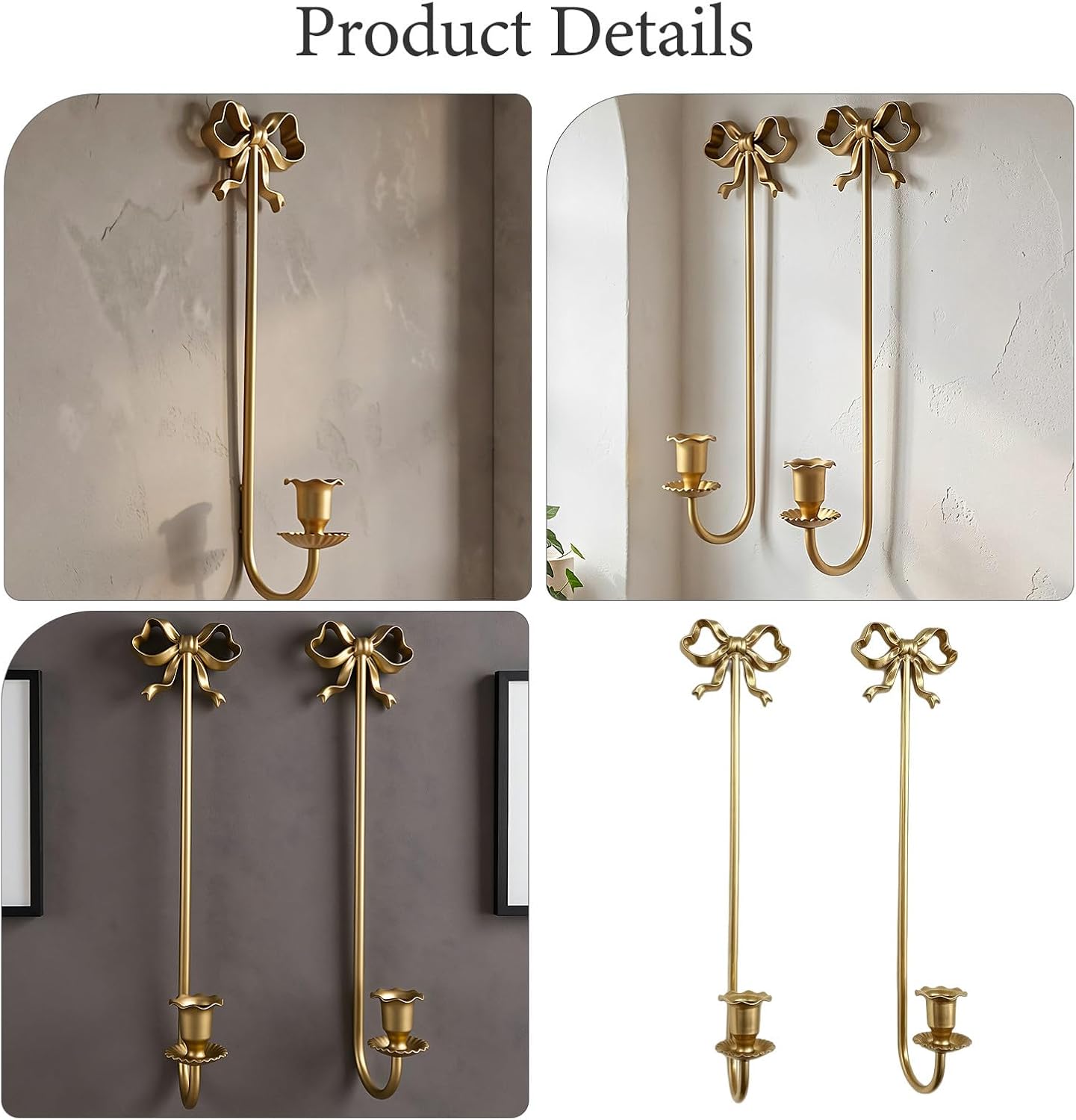 2pcs Matte Gold Bow Wall Candle Sconce for Taper Candles, Iron