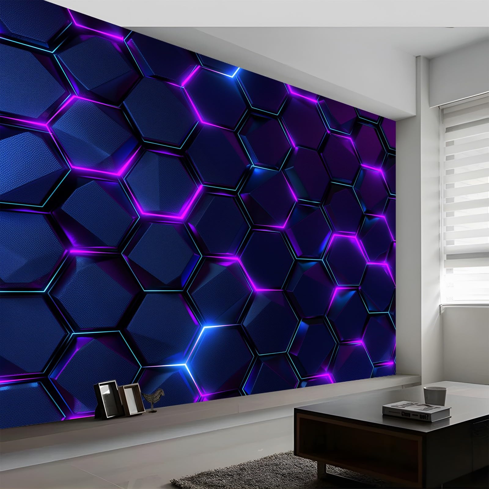 3D Panoramic Custom Wallpaper Mural, Abstract Geometric Hexagon Pattern, Neon Lights Effect, 400 x 280 cm (WxH) 3D Wall Sticker Poster Decoration