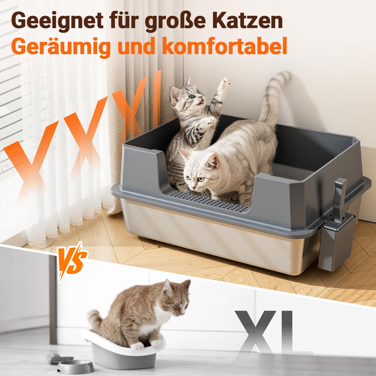 Edelstahl Katzenklo XXXL mit Deckel, auslaufsichere geschlossene Katzentoilette mit hohem Rand, für große Katzen, 70 x 50 x 43 cm, geruchsresistent, leicht zu reinigen, mit Pedal und Schaufel