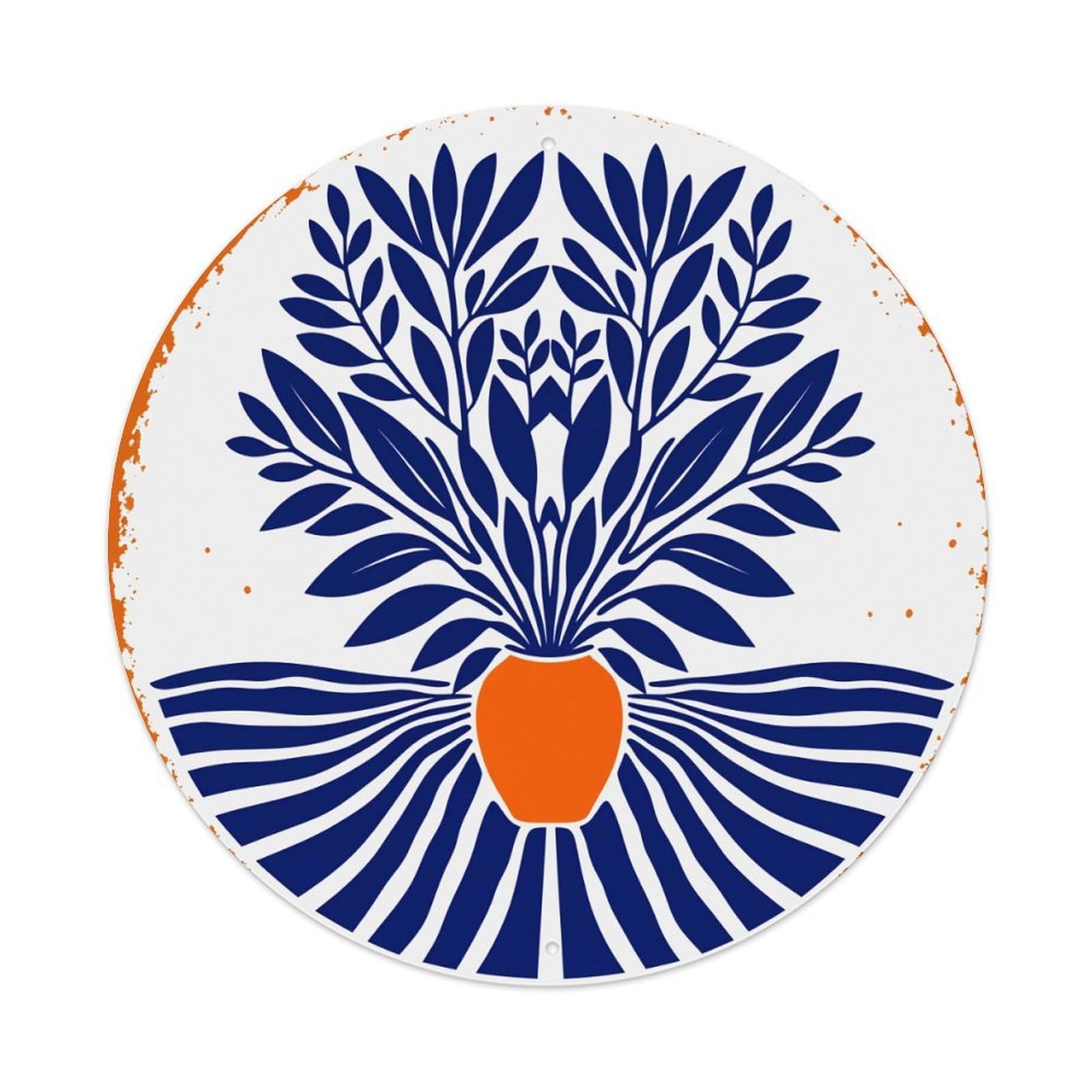 Blue Leaves Orange Vase Radiating Stripes Circular Design Round Vintage Tin Sign,Retro Wall Art,Metal Poster for Home, Bar, Garage, Cafe, Rustic Indoor & Outdoor Decor, 8x8 Inches