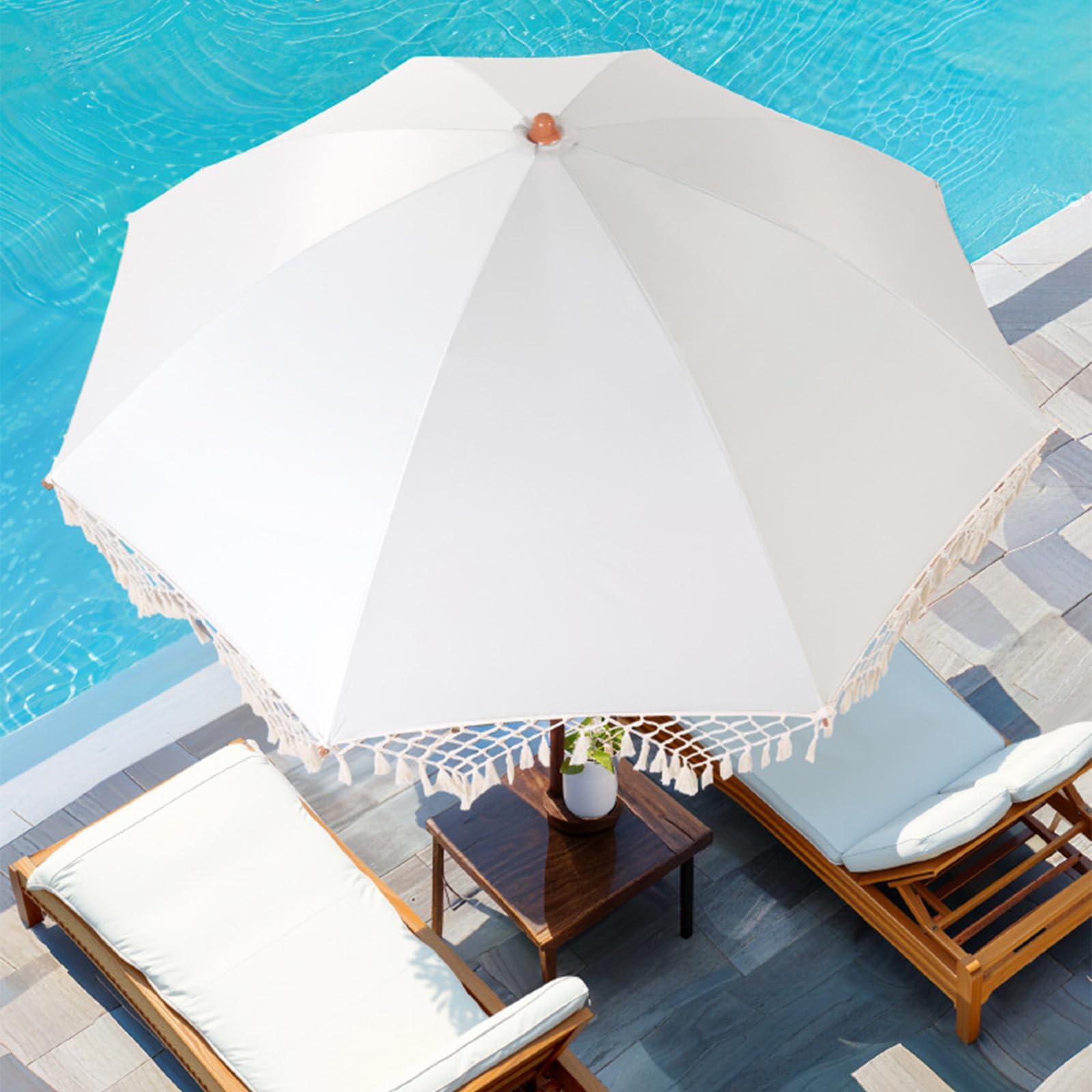 Sombrilla de Playa con Flecos 200cm Inclinable Regulable, Sombrilla Bohemia Portátil con Bolsa para Jardín Terraza Piscina, Protección Solar UPF 50+ Impermeable