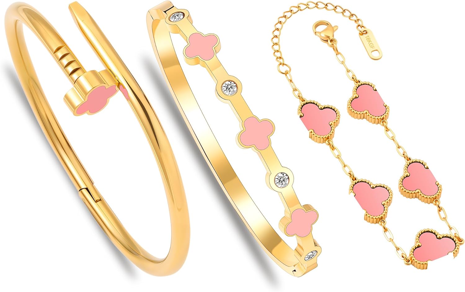3PCS 18K Gold Nail Bracelet for women,Stackable Clover Bangle Bracelets -Stainless steel Non-Tarnish Trendy Jewelry Christmas Valentines Birthday Gifts for Girlfriend Wife.