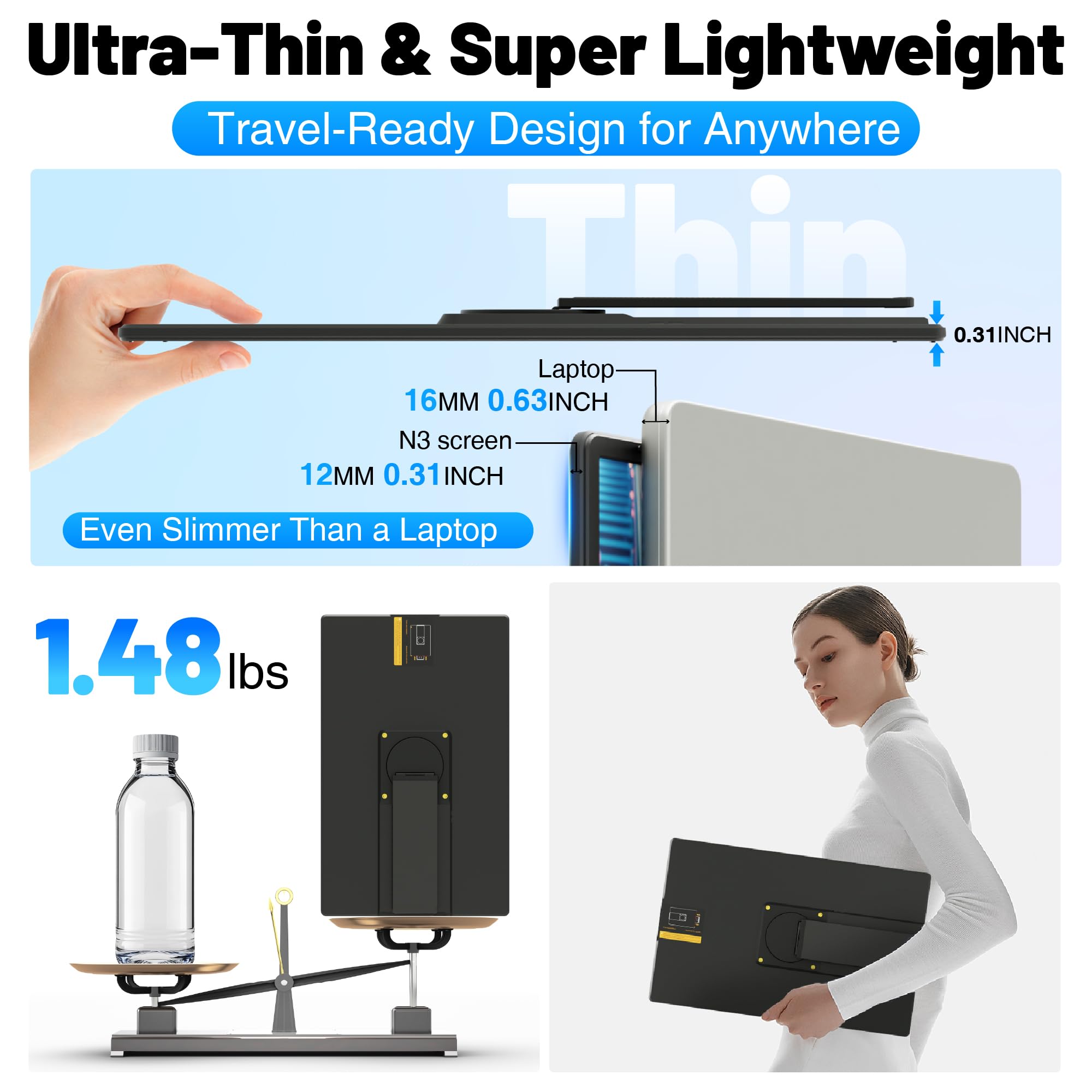 CIDETTY 16" Laptop Screen Extender, 1920x1200 FHD Portable Monitor for Laptop, 360° Magnetic Stand Travel Second Screen for Mac, Windows, Android Phone - 3