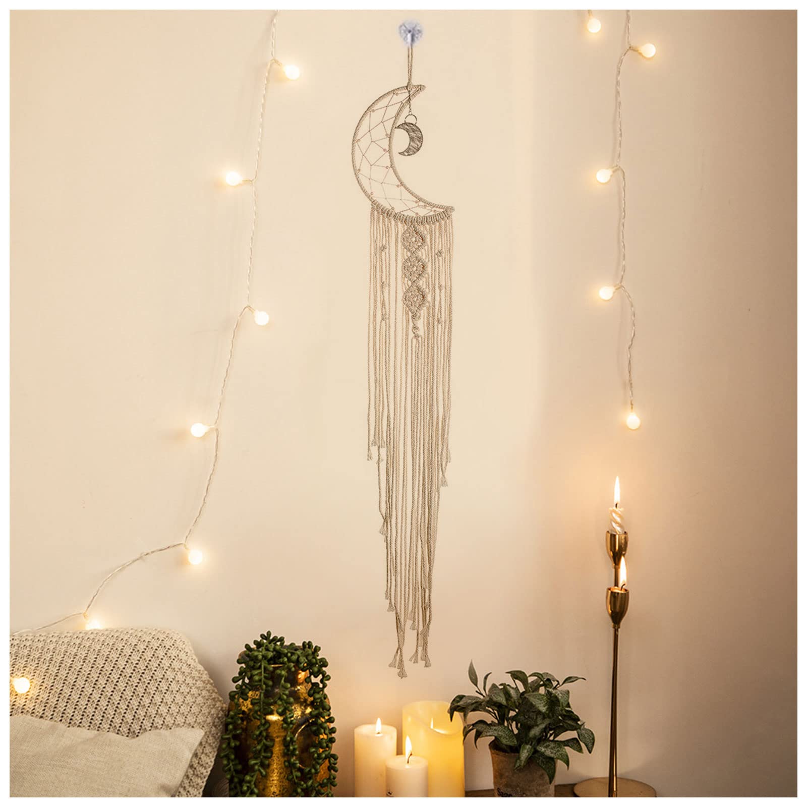 Attrape-Rêves Lune Tissé Main - Décoration Murale Bohème Avec Pompons - Cadeau Chambre Adolescent - 9