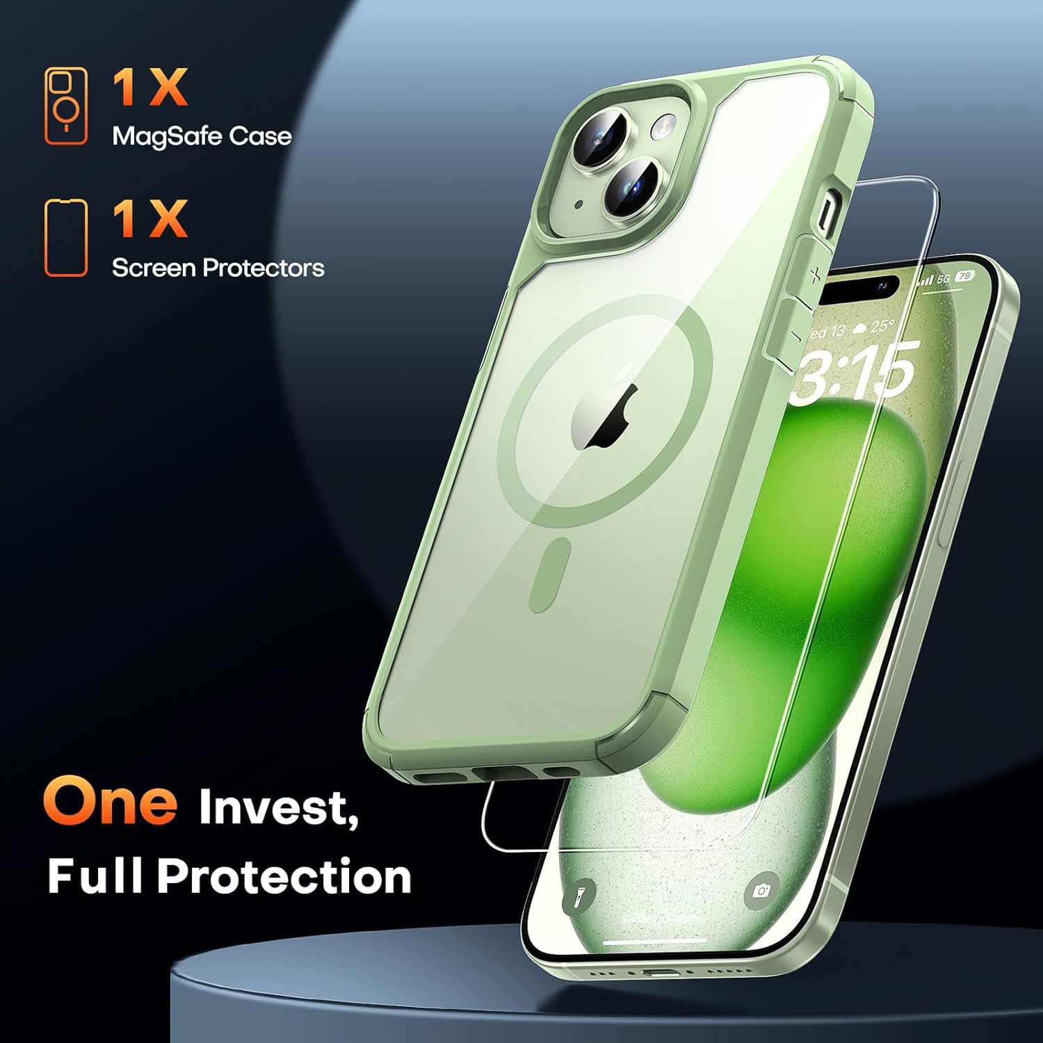 TAURI 3 in 1 for iPhone 15 Case, Compatible with MagSafe [Anti-Yellowing] with 2X Screen Protectors, Military-Grade Protection, Shockproof Slim Magnetic Phone Case for iPhone 16 6.1", Green - Image 4
