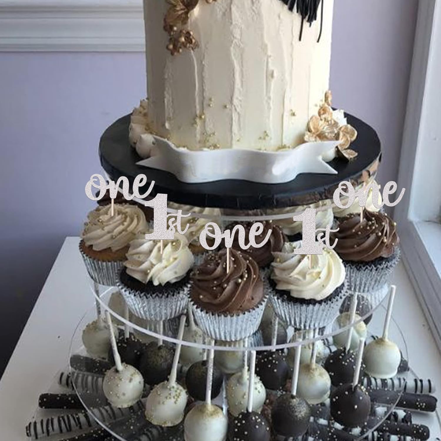 Rsstarxi 24 Pack One Cupcake Toppers Glitter 1st Birthday Cupcake Picks for Baby Shower First Birthday Party Cake Decorations Supplies Silver - Image 3