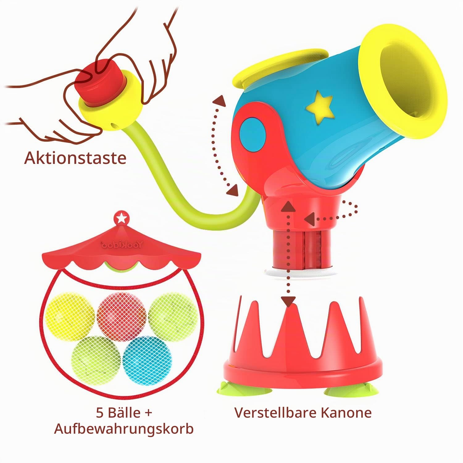 Yookidoo Kinder Badespielzeug – Wasserkanonen-Ball Blaster Spiel für die Badewanne mit 5 Bällen & Zielring – Handbetriebene Pumpe – für Kinder von 3–6 Jahren