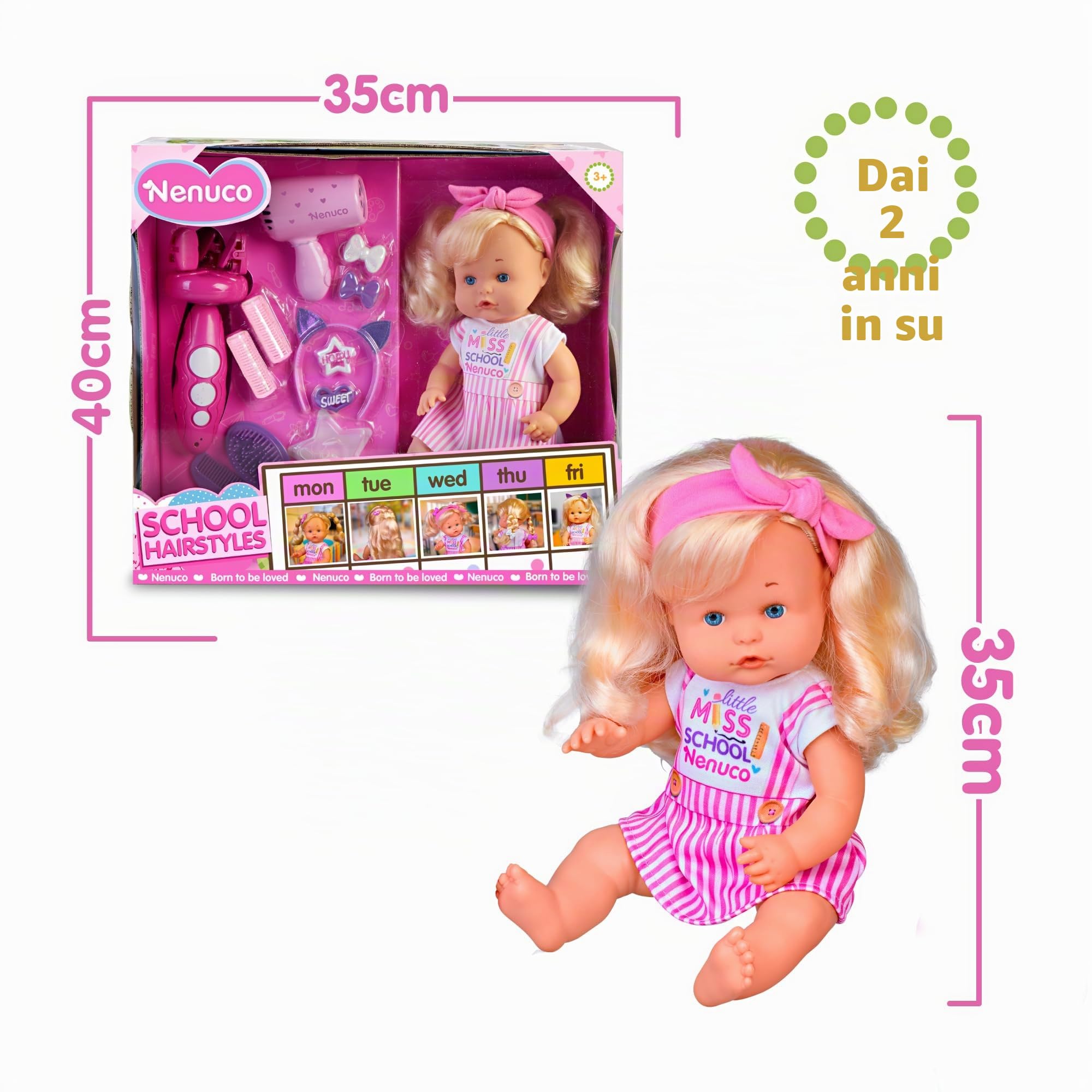 Nenuco - School Hairstyle, Bambola 35 cm, Con Capelli Biondi e Accessori per Realizzare Diverse Acconciature, Per Bambine/i dai 3 anni, Famosa (NFN60000)