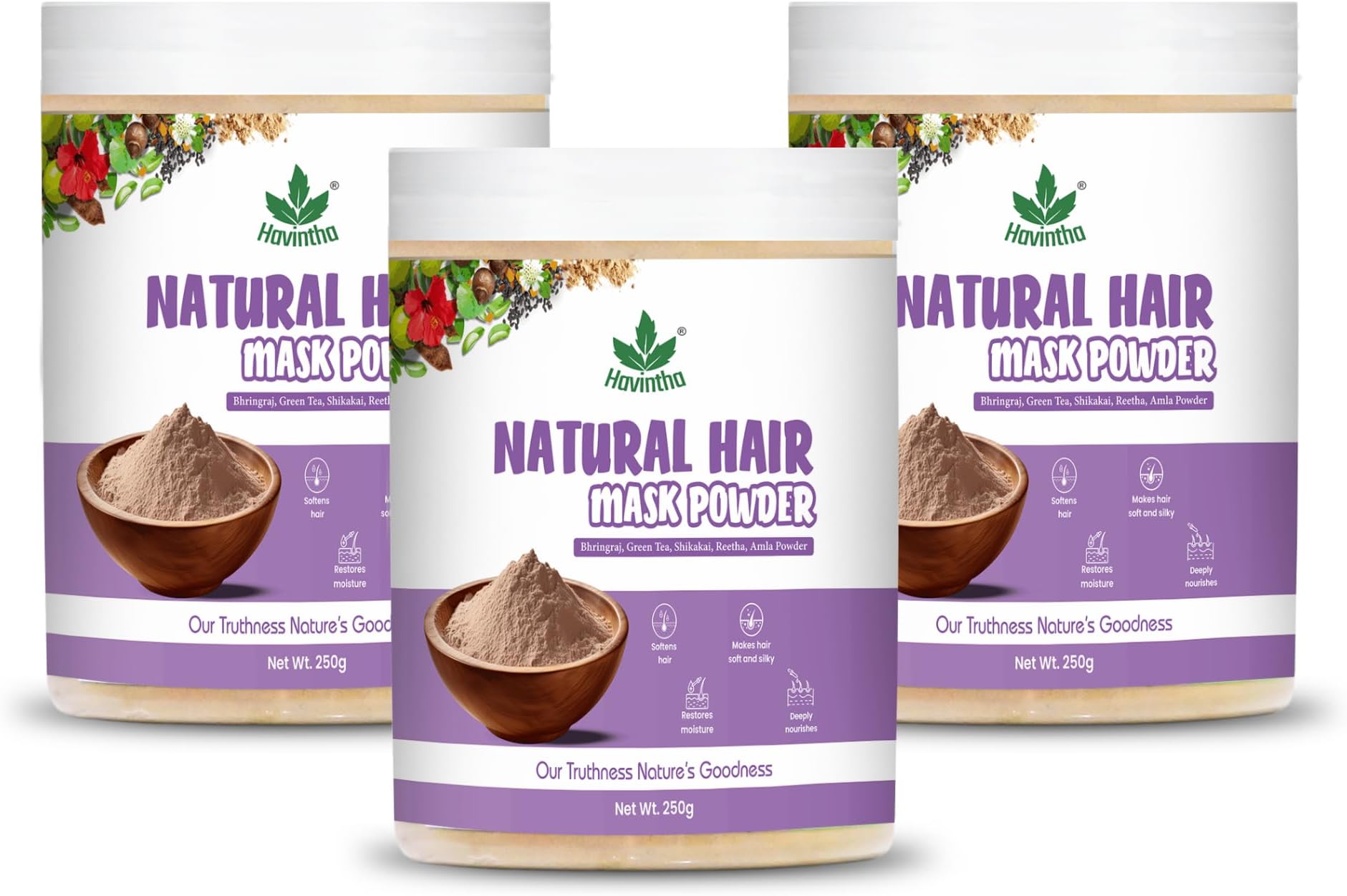 Havintha Hair Mask Powder For Hair Fall Growth Split Ends Luster Shining Nourishment | Dry and Frizzy Hair | Herbal & Natural Cleanser | Controls Dandruff - 250 Grams - Pack Of 3