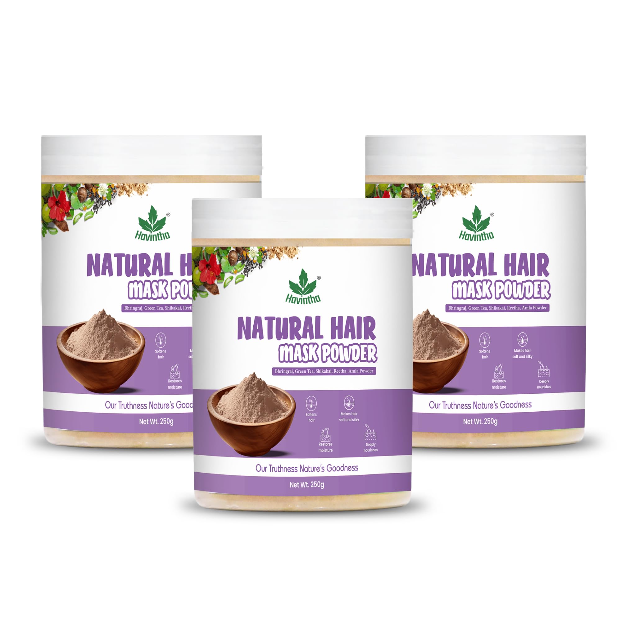 Havintha Hair Mask Powder For Hair Fall Growth Split Ends Luster Shining Nourishment | Dry and Frizzy Hair | Herbal & Natural Cleanser | Controls Dandruff - 250 Grams - Pack Of 3