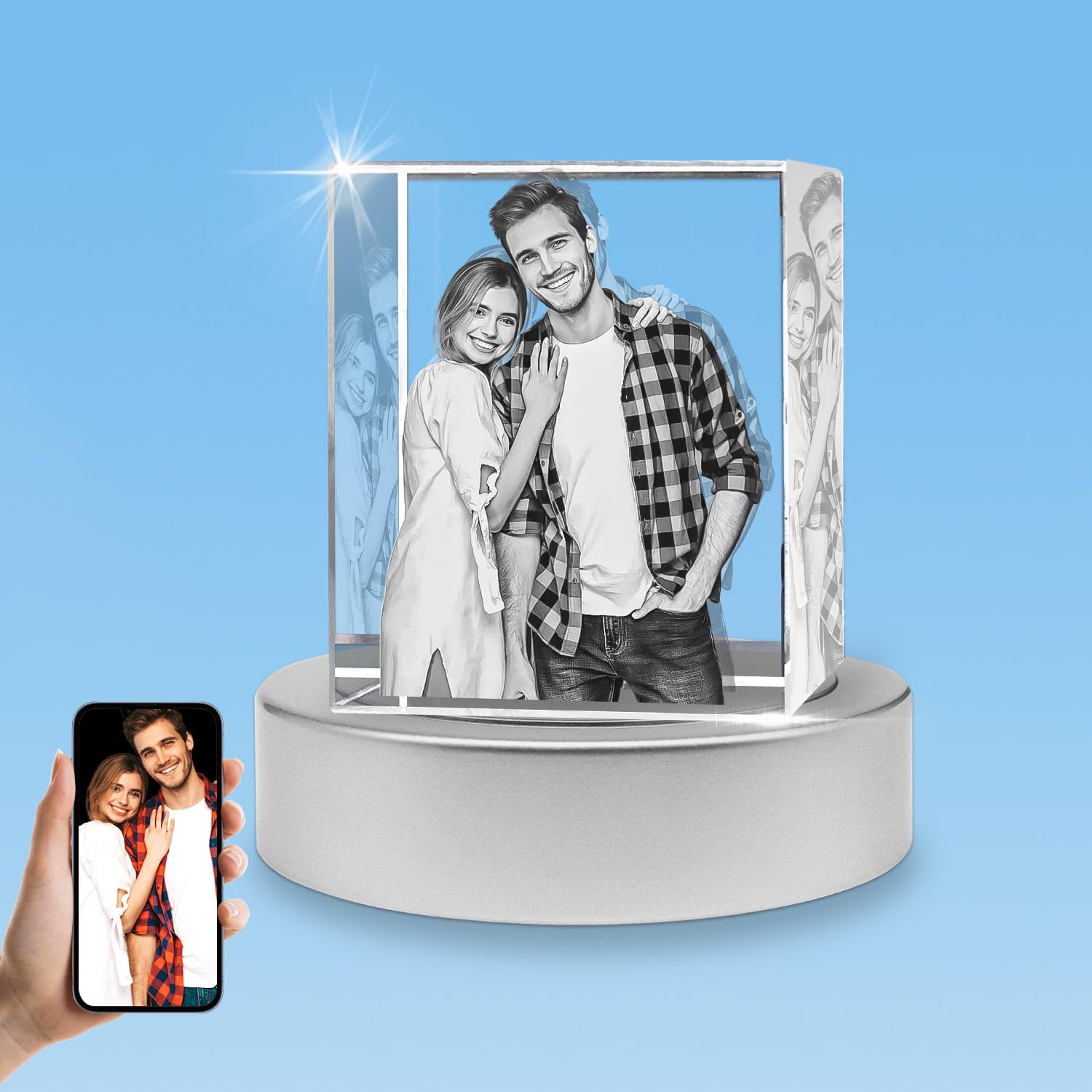 HAN'S LASER 3D Crystal Photo with Light Base, Custom Glass Picture Cube with Your Own Photo for Mom Dad Her Him, Personalized Memorable Gifts for Birthday Anniversary Christmas, Medium Portrait