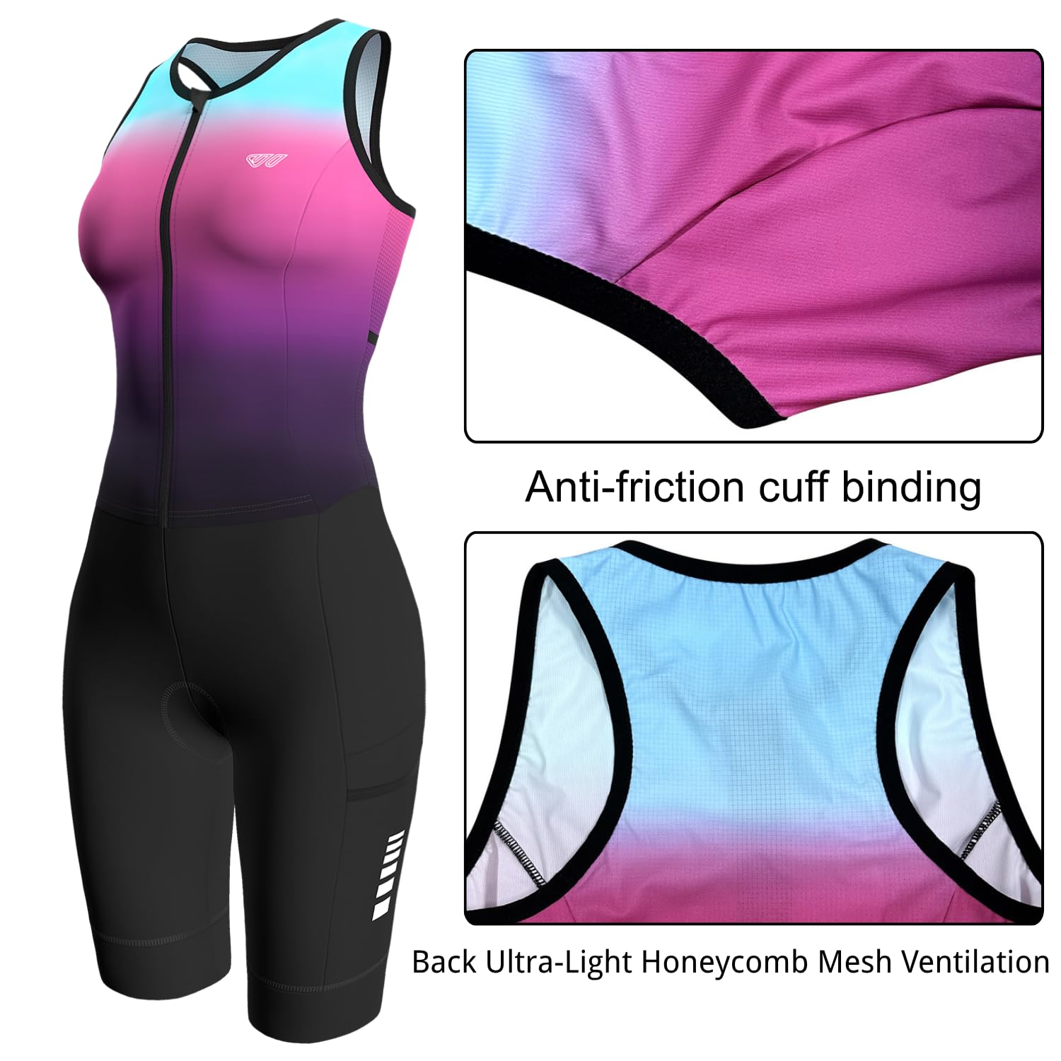 Wulibike Damen Triathlon Anzug Ärmellos Trisuit Gepolstert Schnell Trocknend Atmungsaktiv Full-Zip Tri Suit 4 Taschen Schwimmen Radfahren Laufen