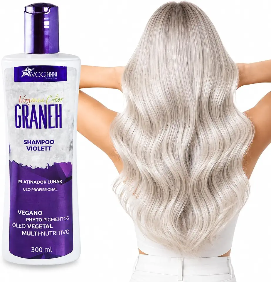 Shampoo Linha profissional Graneh Violett Voganni, Matizador, Limpa e Nutrição para Cabelos Loiros e Descoloridos, Fórmula Vegana, 300ml Loiro Radiante, Restaura, Hidratação, Platinado Lunar