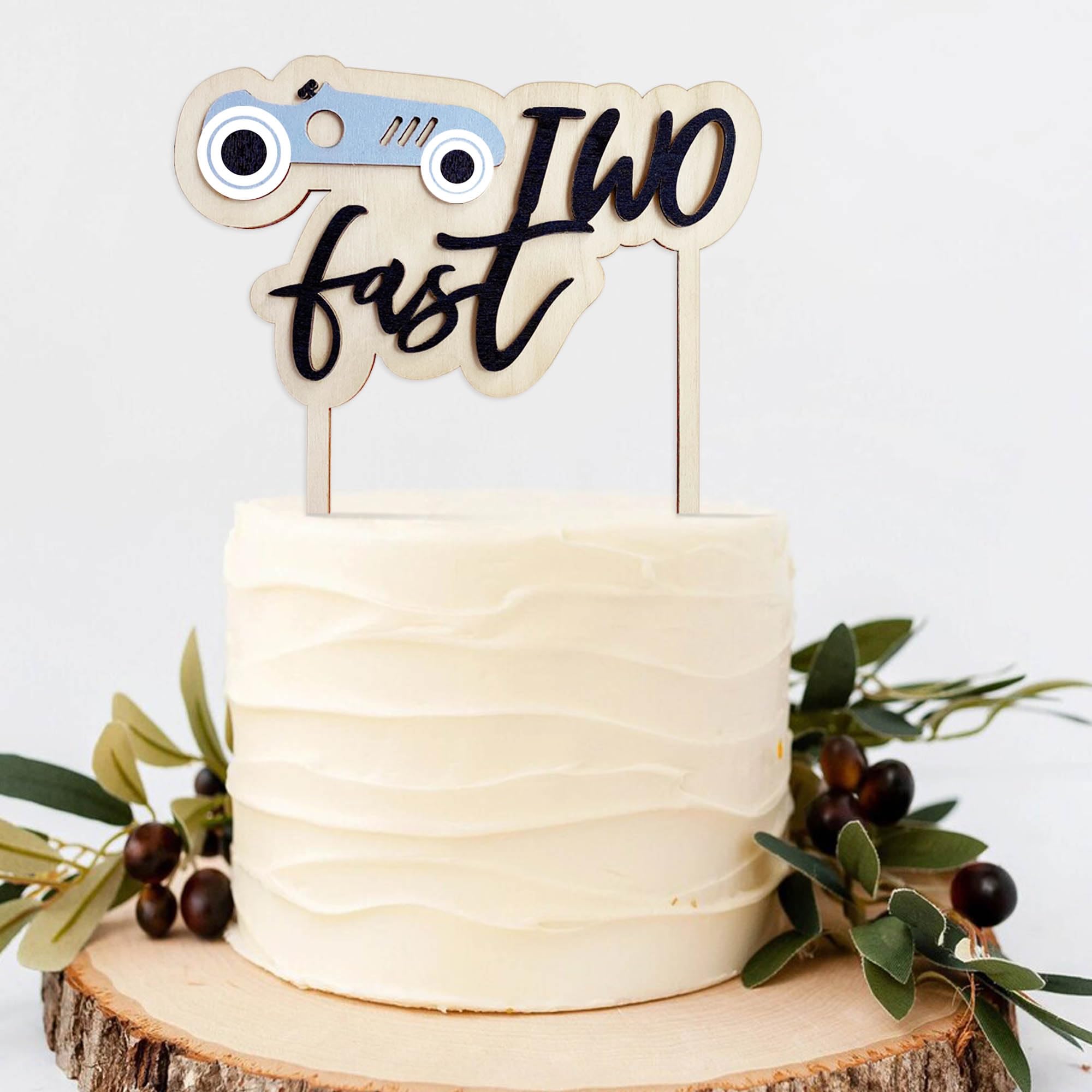 6 inch Two Fast Birthday Cake Topper – Wooden Race Car Decoration for 2nd Birthday, Racing Theme Party Cake Decor