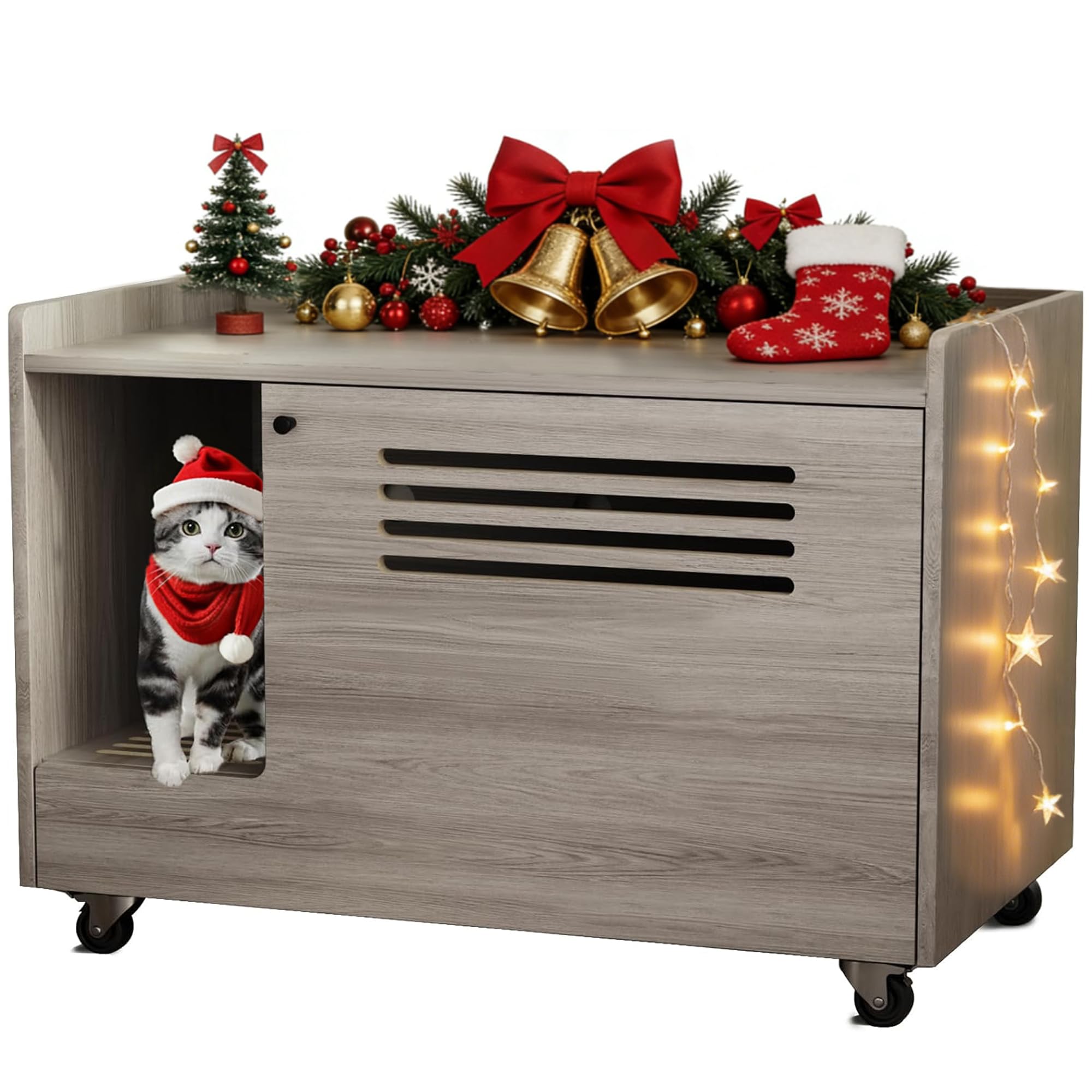 YZU Cat Litter Box Enclosure, Litter Box Furniture Hidden with Movable Wheels, Wooden Pet House Cabinet with Side End Table, 4-Grilles, Cat Litter Mat