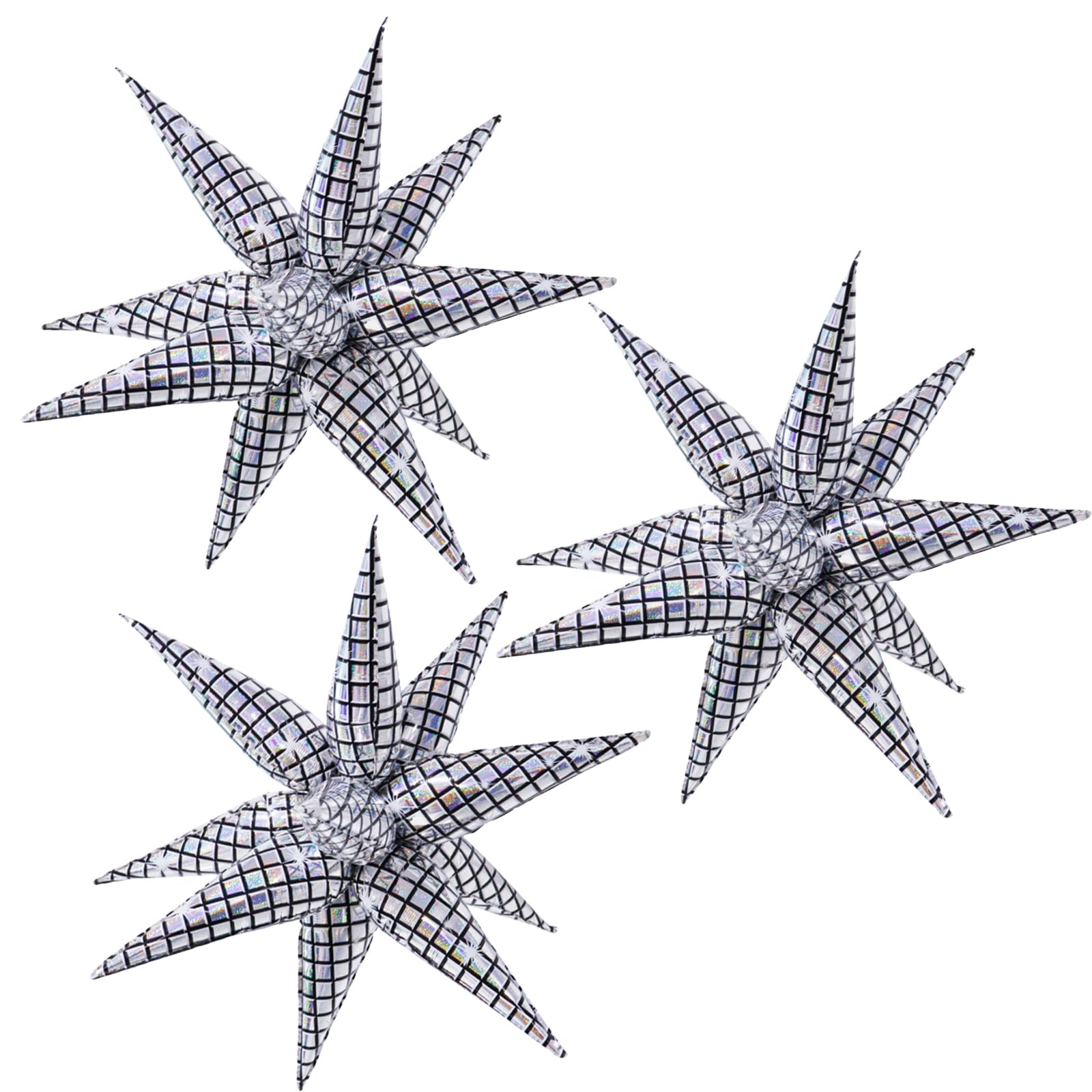 3pcs 32inch Iridescent disco explosion star foil balloons.Black white Foil Cone Star burst Balloons for disco Birthday Bachelorette Party decorations.