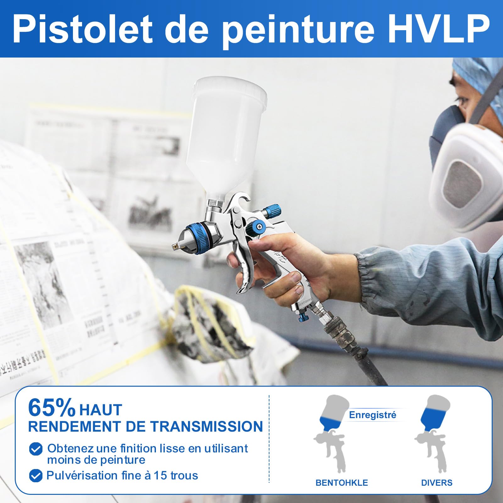 Pistolet à Peinture HVLP, 4 buse1,4/1,7/2,0/2,5mm, gobelet Plastique 600ml