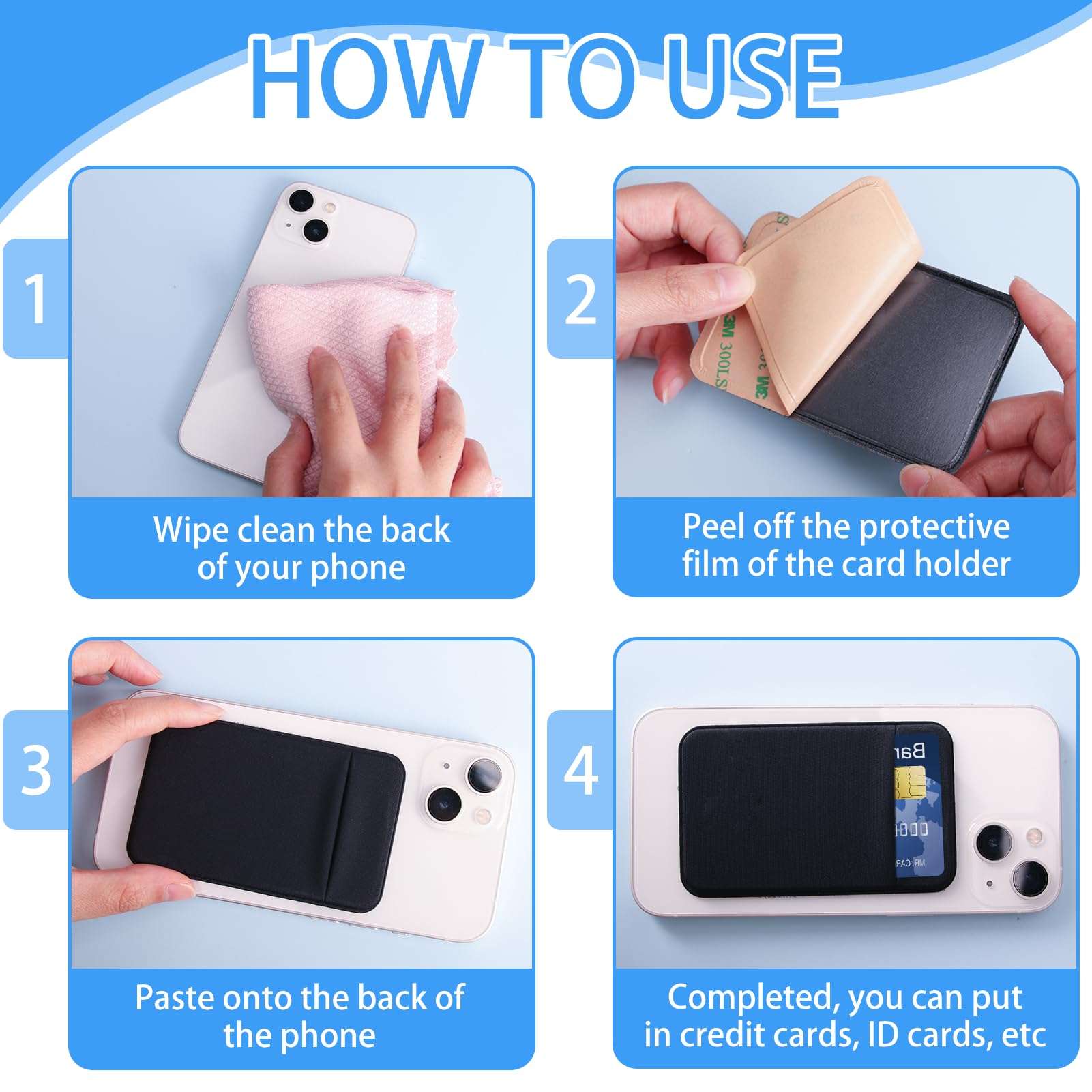 Portefeuille de Téléphone 3 Pièces à Coller Pochettes Extensibles en Tissu Compatible iPhone Samsung LG Noir