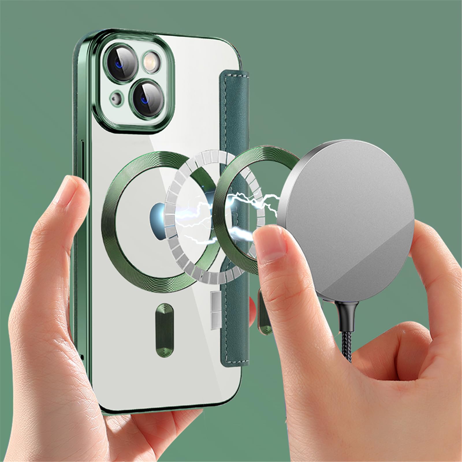 IMEIKONST Cover Magnetica per iPhone 14 con Slot per Carte, [Compatibile con MagSafe] [Blocco RFID] Custodia Portafoglio Flip Antiurto Trasparente Case per iPhone 14. Verde JDCX