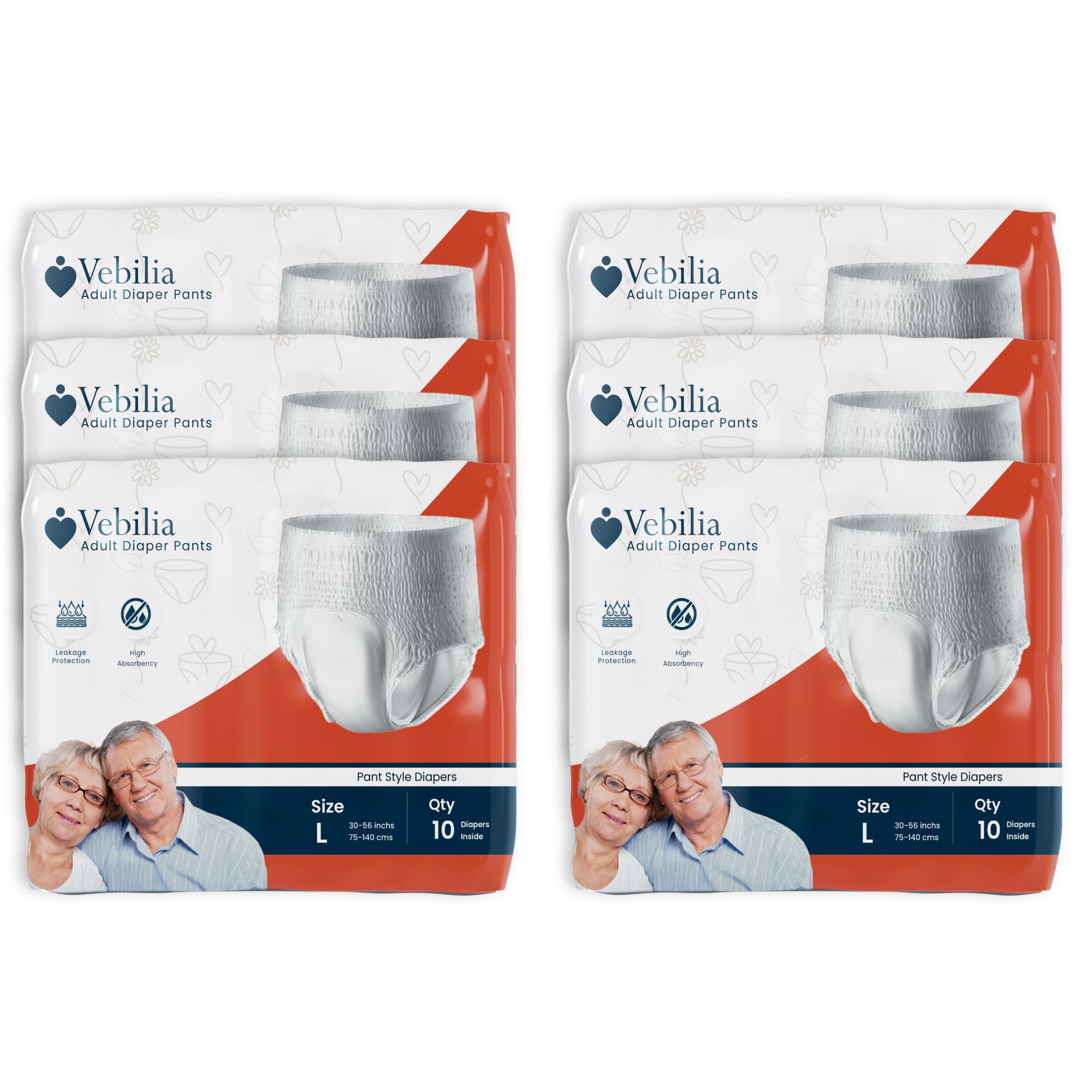 Vebilia Adult Diaper Pant style- Size L - (Pack of 6) with High Absorbency, LeakProof Design, Elastic Waist, Incontinence Underwear