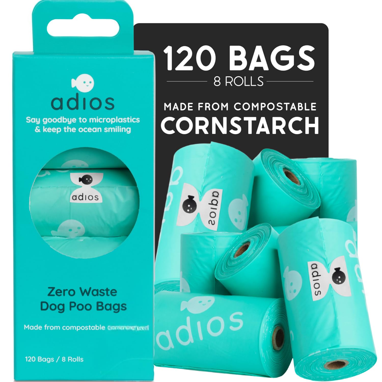 Adios Plastic Mint Biodegradable Dog Poop Bags - Extra Thick Compostable Dog Poo Bags Made From Highest Rated En13432 Certified Cornstarch | Leak Proof Dog Waste Bags In Colour | 8 Rolls, 120
