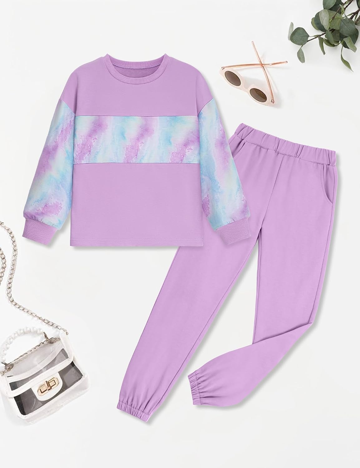 Girls Clothes Leopard Patchwork Sweatshirt Elastic Waist Sweatpants with Pockets 2PCs Girls' Clothing Sets