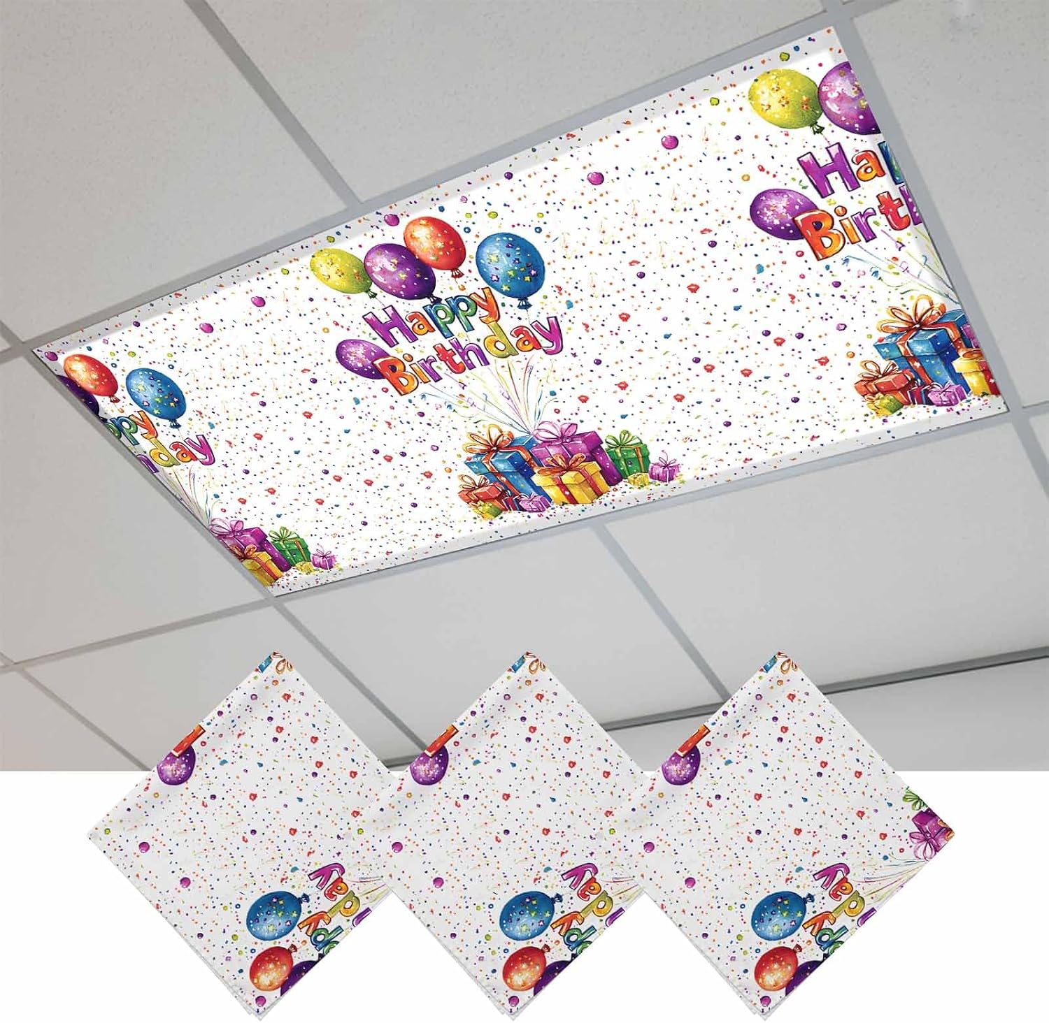 Happy Birthday Fluorescent Light Covers Colorful Balloon Polka Dots Magnetic Light Filters Ceiling Lighting Panel Shade for Classroom Office Home 2 x 4 ft, 3 Pack