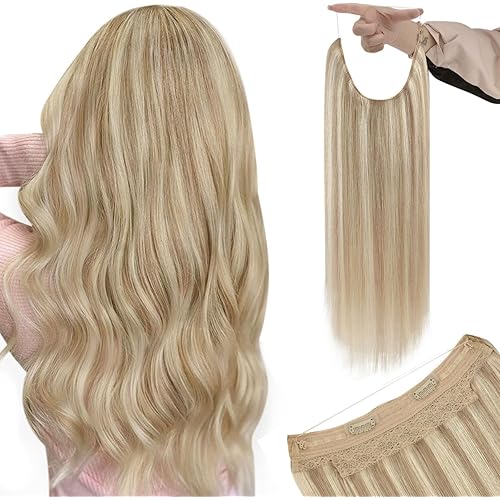 YoungSee 18 Inch Wire Hair Extensions Real Human Hair Blonde, Hair Extensions Wire with Adjustable Clips, Layered Hair Extension Dirty Blonde Highlights Bleach Blonde, 85g Shiny Remy Hair