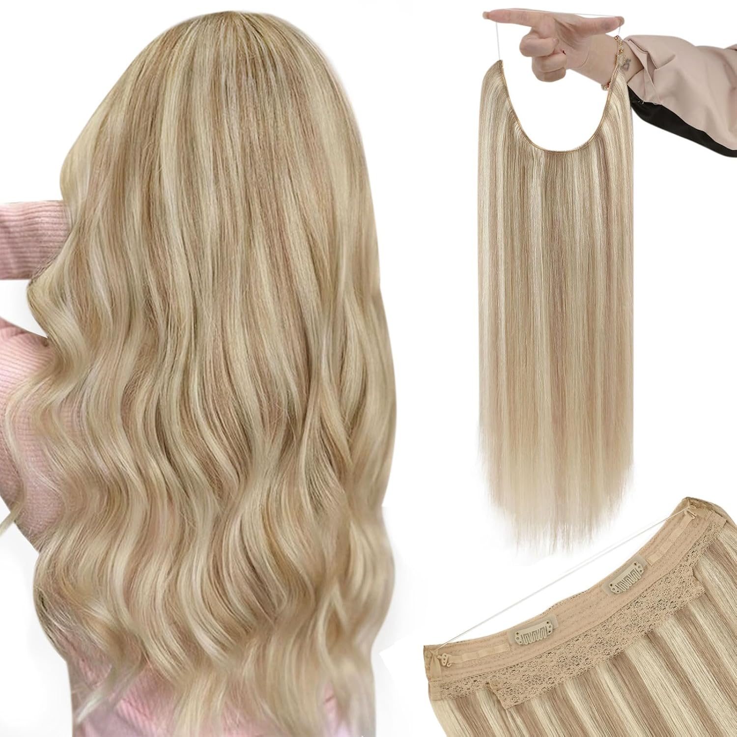 YoungSee Wire Hair Extensions Blonde Highlight, Invisible Wire Extensions Dirty Blonde Highlights Bleach Blond, Easy to Wear One Piece Hair Extensions Real Human Hair, 85G 16 Inch for Medium Length