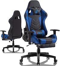 Gaming Chair Game Chaise with Footrest Racing Ergonomic Computer Chair Leather Reclining Video Game Chair with Headrest and Lumbar Support Adjustable Armrest High Back Esports Chair (Blue/Bleu)