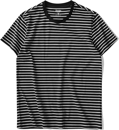 Zengjo Mens Striped T Shirt Cotton Stretch Crewneck Short Sleeve Casual Tee | Regular Fit, Straight Hem, Standard Length, Wears Well Untucked, Easy with Jeans, Chinos or Shorts, Weekends and Travel