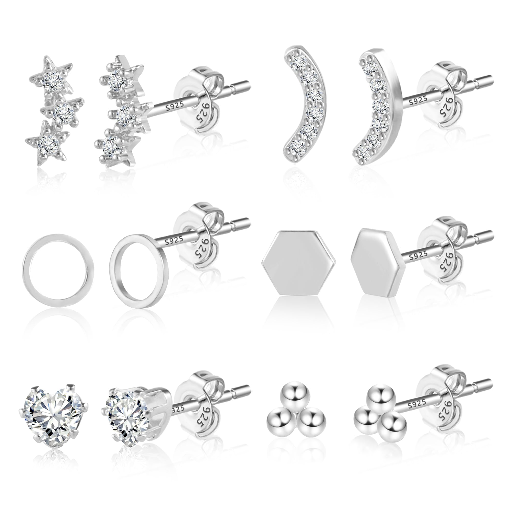 KISSPAT Pendientes para mujer, hipoalergénicos Juego de aretes pequeños de plata de ley para mujeres para orejas sensibles, juego de pendientes para múltiples piercings