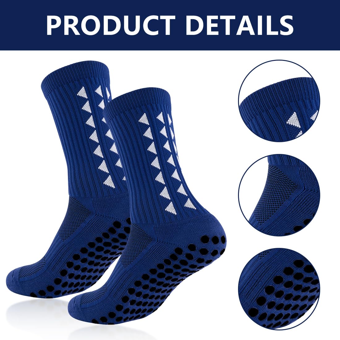 Gain The Edge Grip, 3 paia di calzini da calcio per uomini, donne e bambini, antiscivolo, con supporto per arco plantare migliorato, per calcio, rugby, basket, corsa, yoga (nero, bianco, blu)