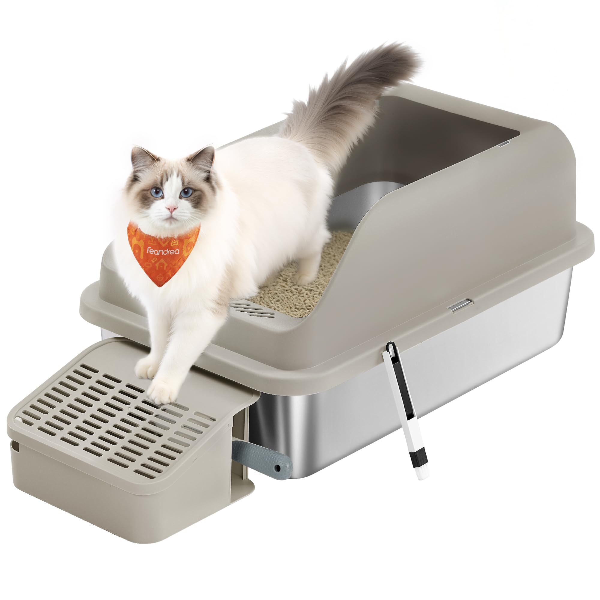 Feandrea Katzenklo Edelstahl XXL, mit Hohem Rand, Treppe und Schaufel | Offene Katzentoilette für Große Katzen, Geruchsneutral, 62 x 42 x 30 cm, Kaffeebraun, BOXAL Kollektion PPT008K101