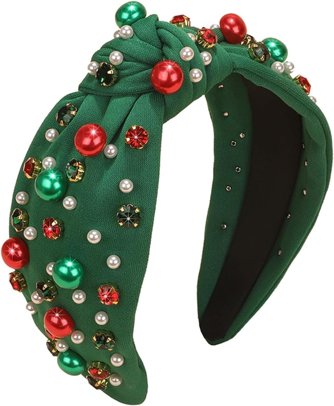 Christmas Head Bands for Women's Hair Knotted Headband With Pearl Rhinestone Hair Bands for Women's Hair Non Slip Wide Top Girls Headbands Crystal Beaded Headwear Christmas Accessories (Green)