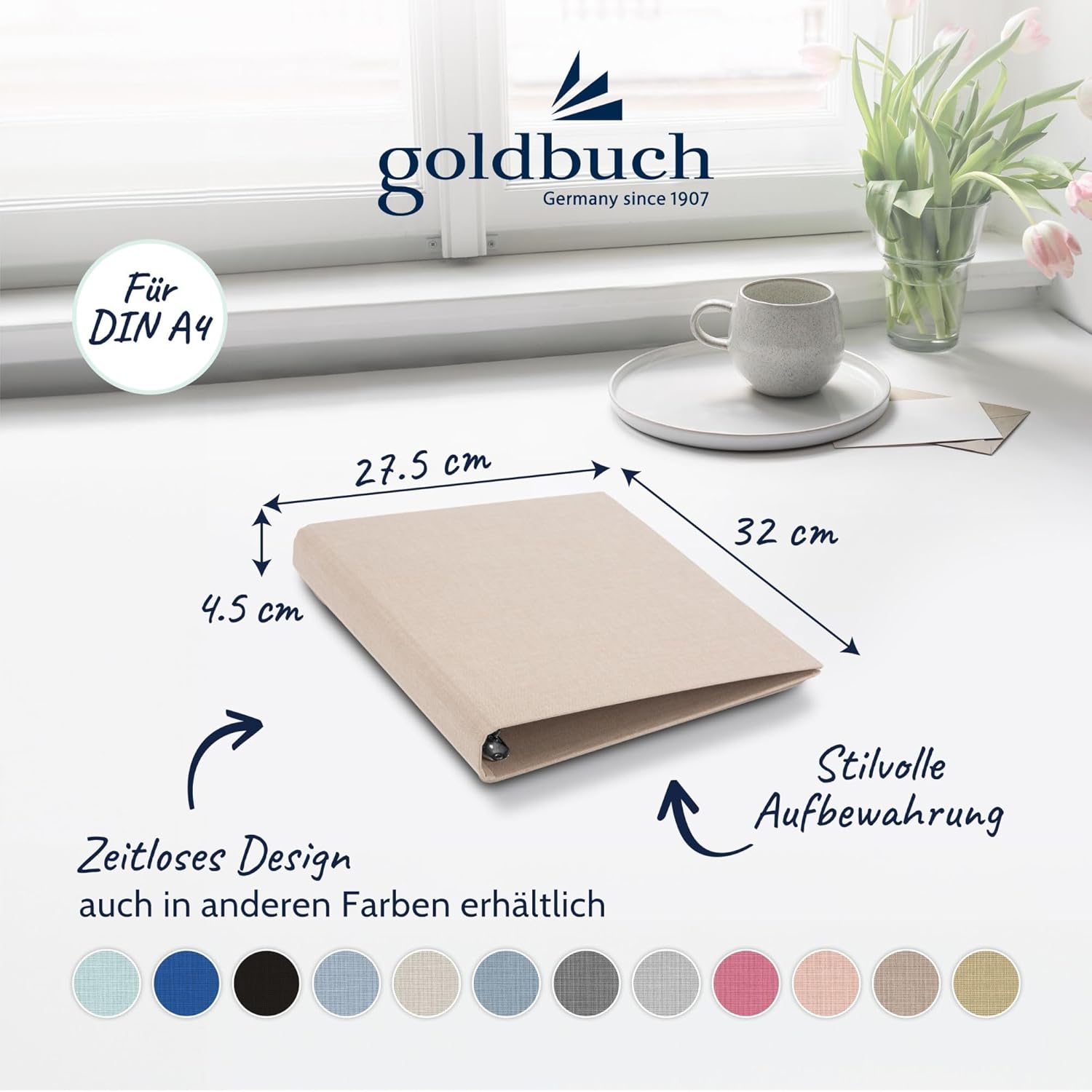 goldbuch Summertime 37 211 Ring Binder A4 Beige Dimensions 26 x 32 x 4.2 cm Stapler with 4-Ring Mechanism and Clamping Bracket, Ring Binder Format DIN A4, Linen Cover Light Brown