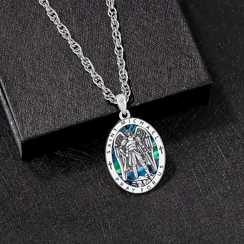 Saint Michael Necklace - St. Michael Archangel Pendant with Prayer Inscription, Stainless Steel Religious Jewelry for Men and Women, Protective Amulet with Abalone Shell Inlay - Image 6