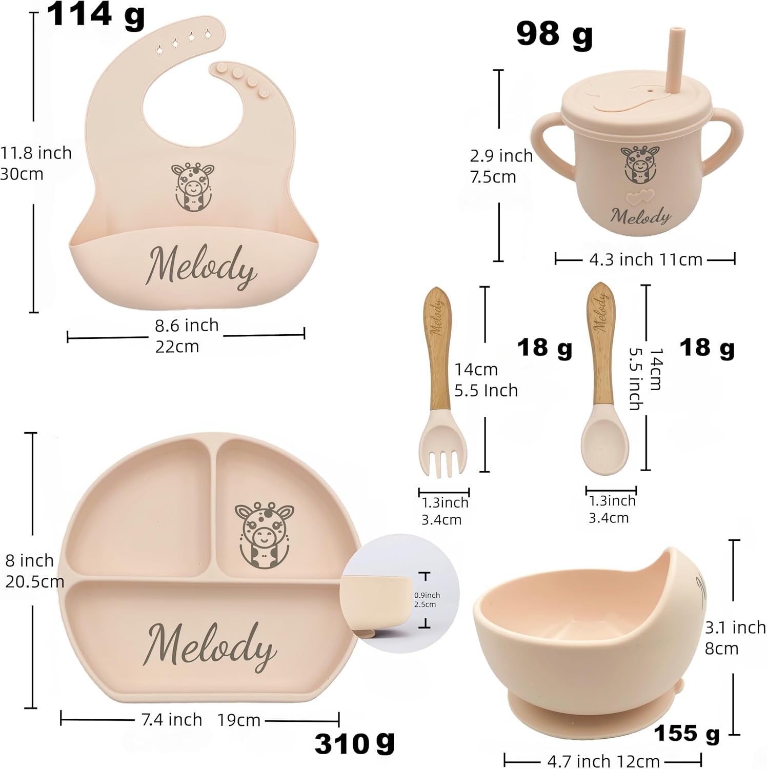 Personalized Name Food Grade 6pcs Baby Feeding Set with Spoon, Fork,Silicone Suction Bowls,Cup,Plate,and bib BPA Free - First Stage Self Feed (Color Y4)