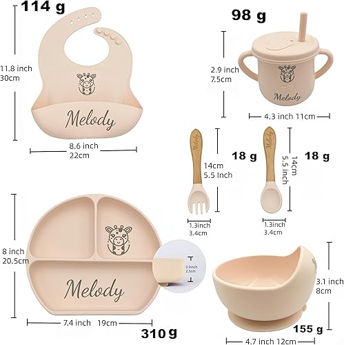 Miniatura 3 de Juego de Alimentación Personalizado para Bebé de 6 Piezas con Nombre, Grado Alimentario, Incluye Cuchara, Tenedor, Cuencos de Succión de Silicona,