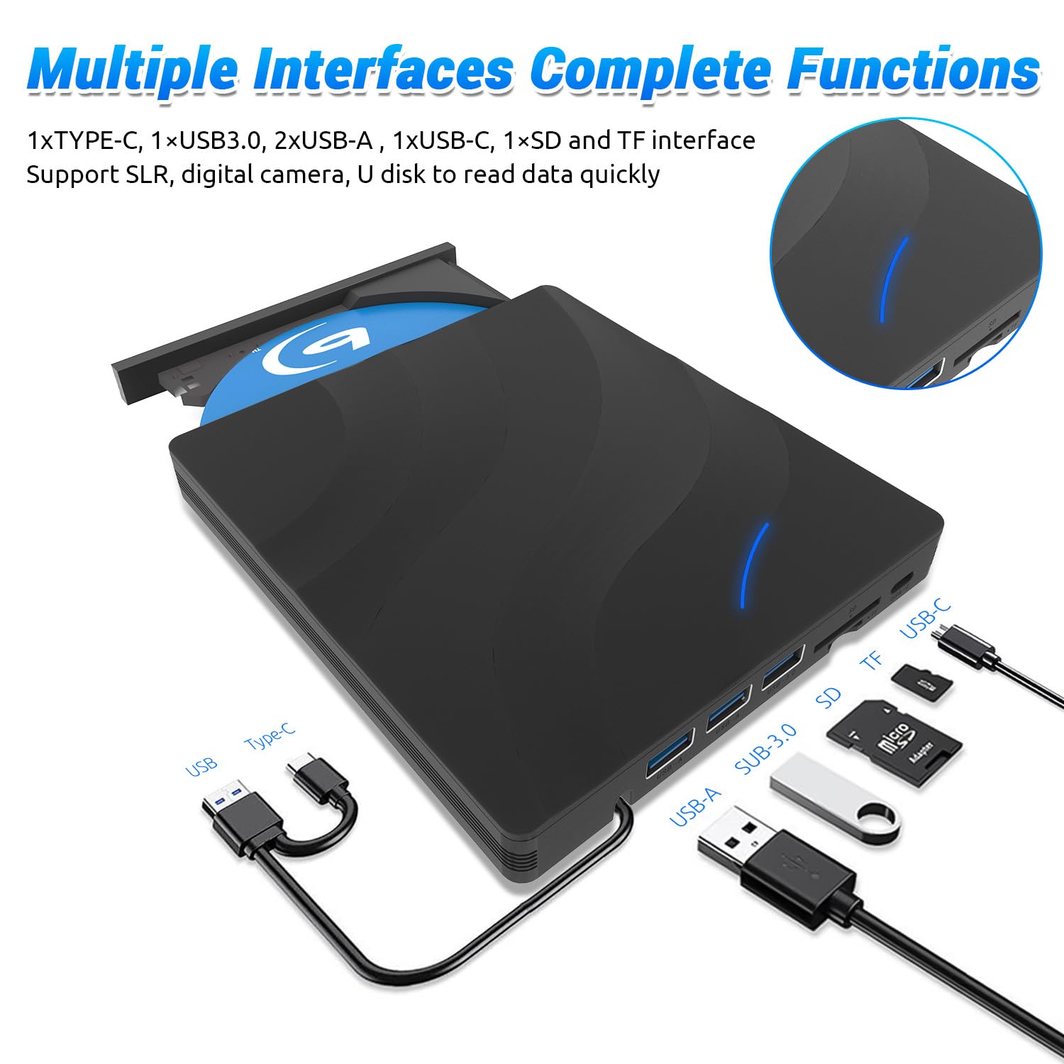 7 en 1 Lecteur Blu-Ray Externe ,Portable Blu Ray Externe Lecteur,USB3.0 Type -C ,Graveur CD Externe Portable avec Emplacement pour Carte SD/TF Plug